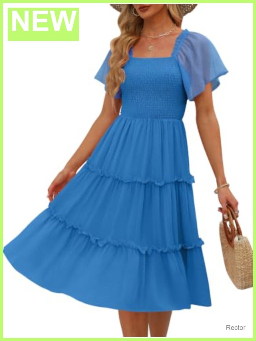 Women's Tiered Flutter Sleeve Square Neck Smocked Midi Dress Casual Summer